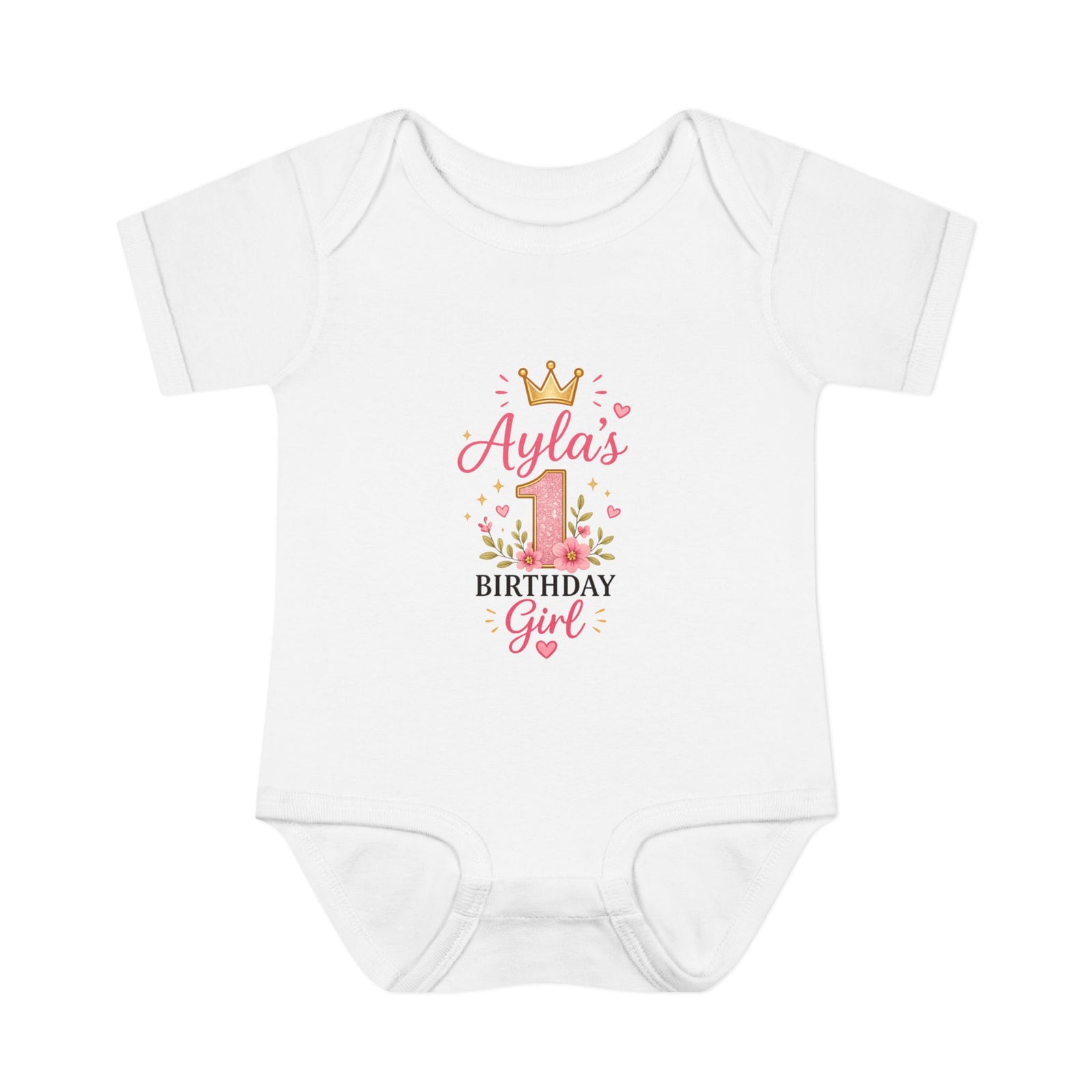 Personalized Baby Bodysuit – "Ayla's Birthday Girl" Pink Crown 1st Birthday Outfit