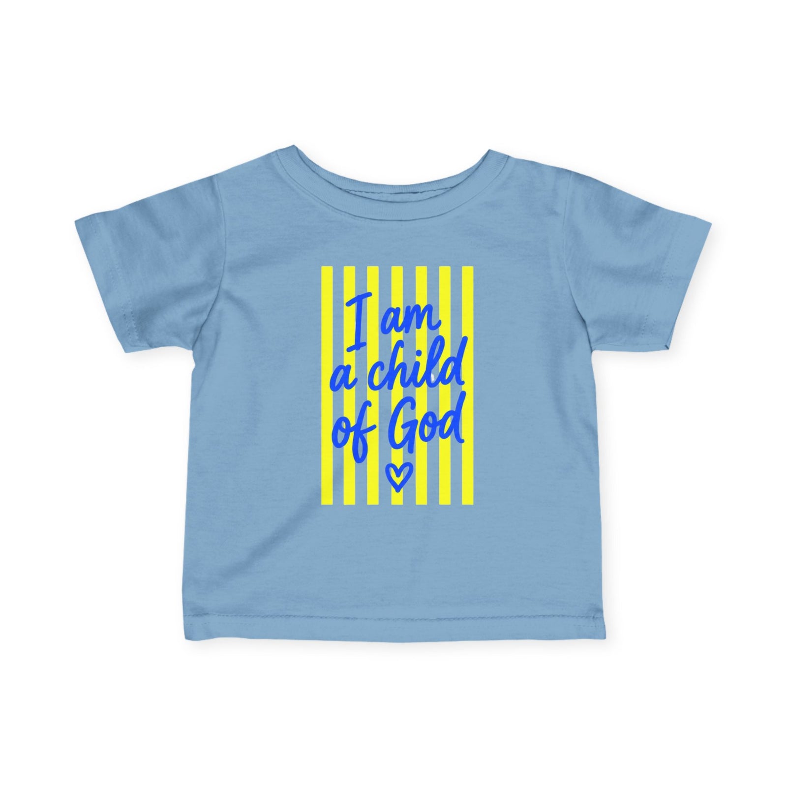 "I Am a Child of God",  Baby Shirt, Blue + Yellow Stripe