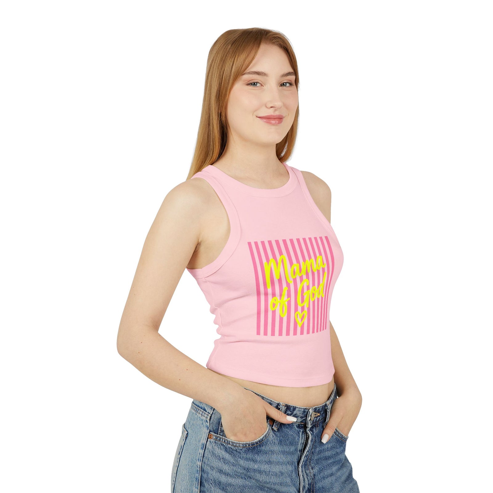 Mama of God Racer Tank Top — Pink Striped Christian Graphic Crop