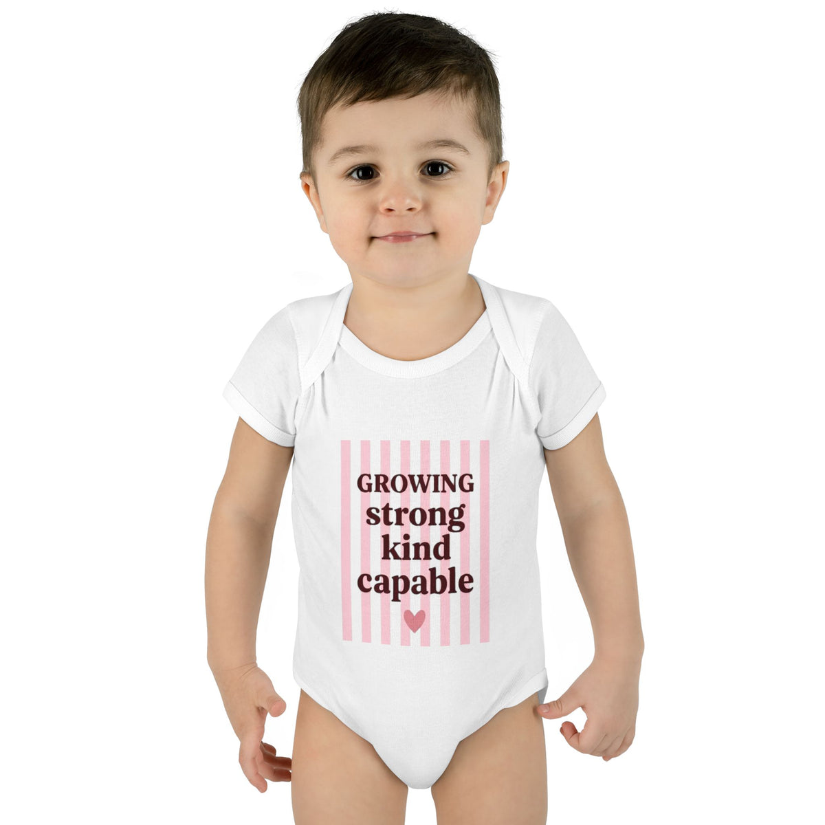 "Growing Strong Kind Capable", Pink Stripe Baby Onesie