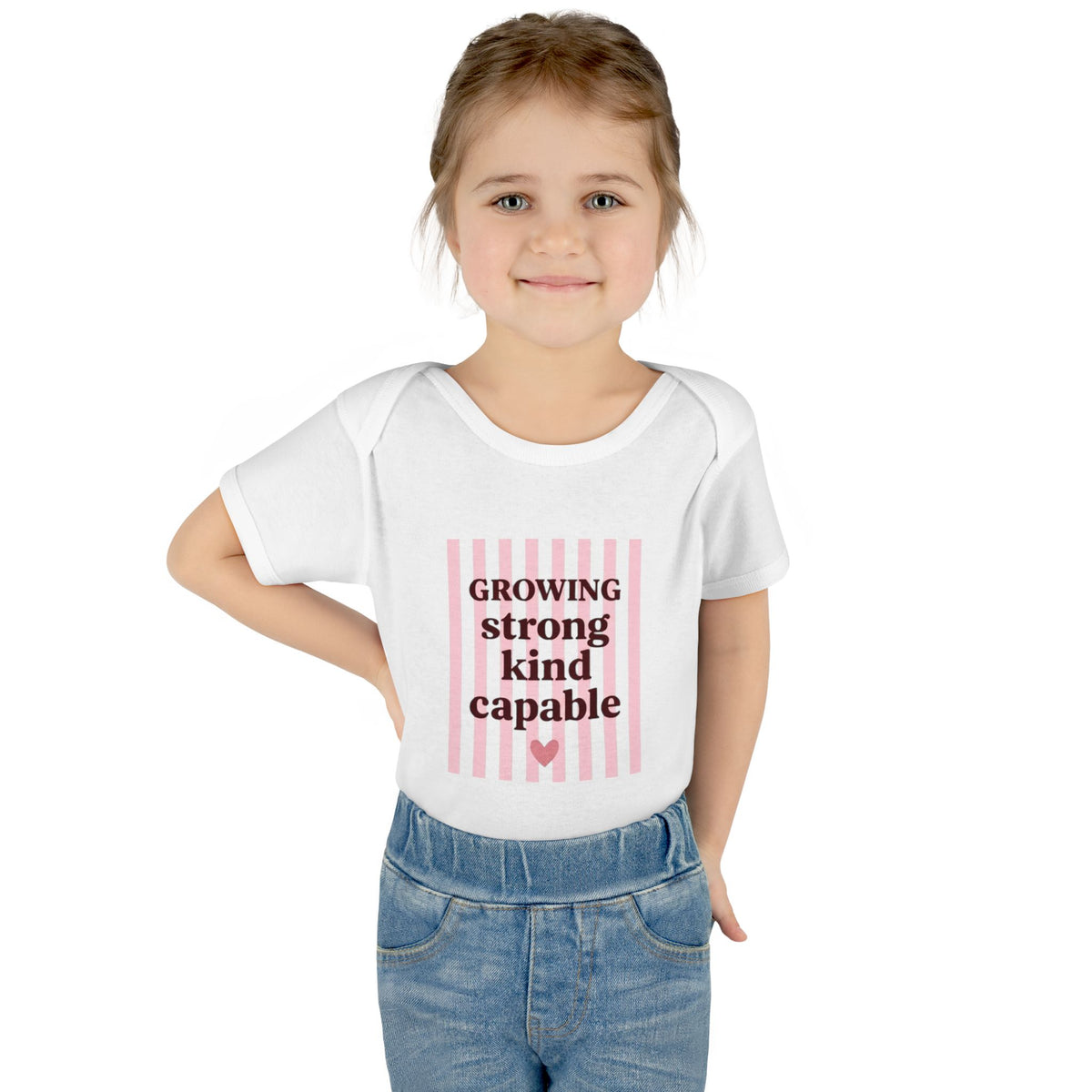 "Growing Strong Kind Capable", Pink Stripe Baby Onesie