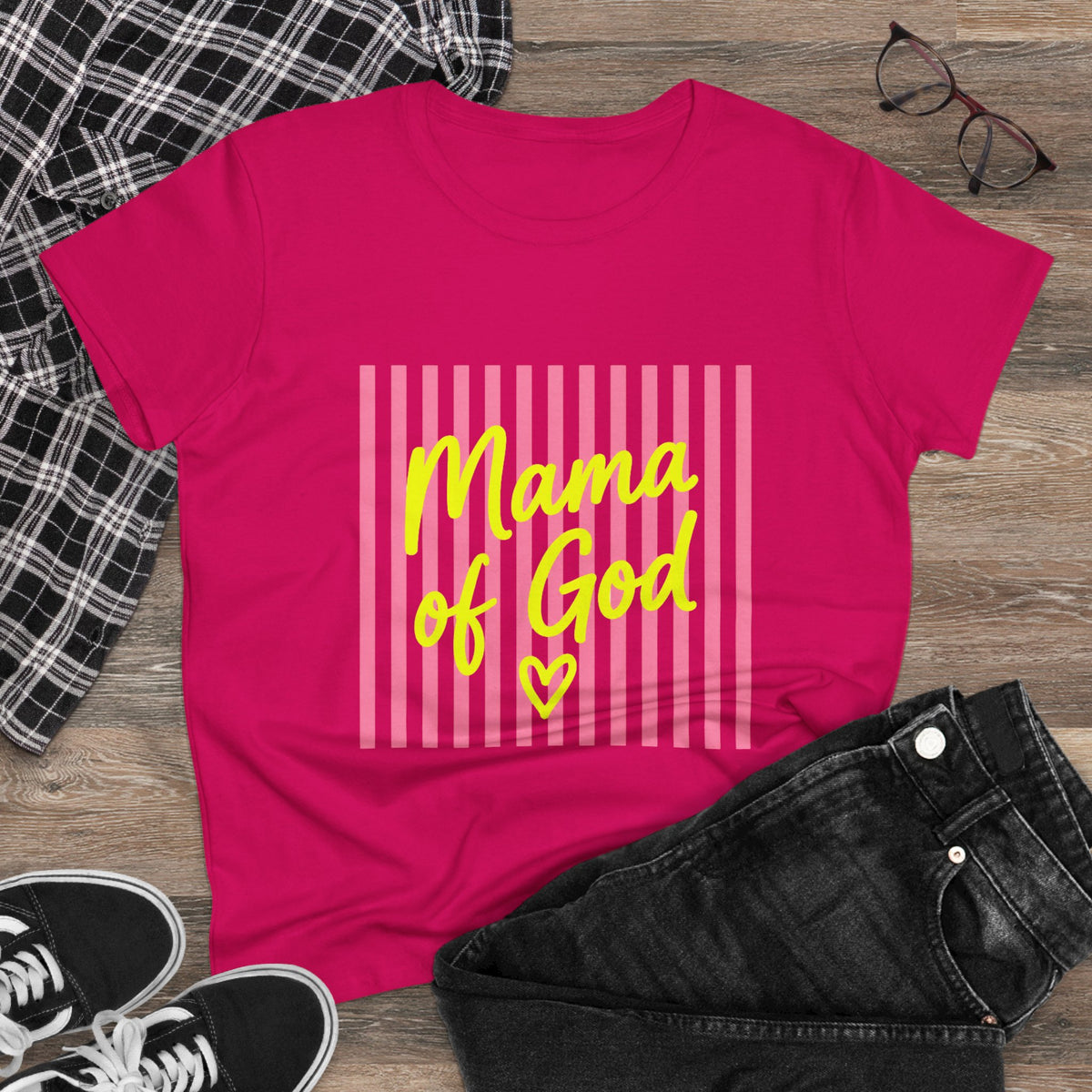 Mama of God Women's Tee — Pink Stripes & Yellow