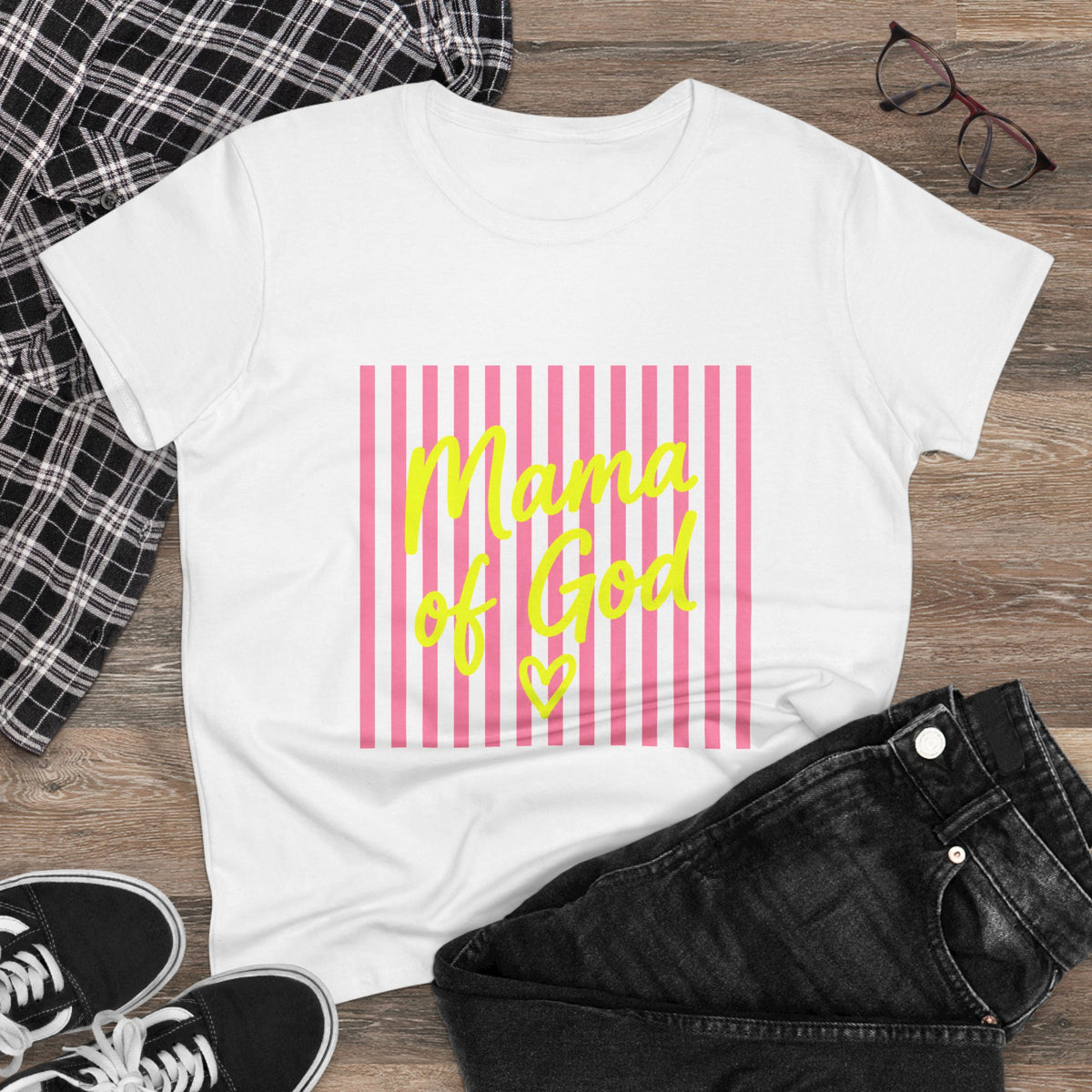 Mama of God Women's Tee — Pink Stripes & Yellow