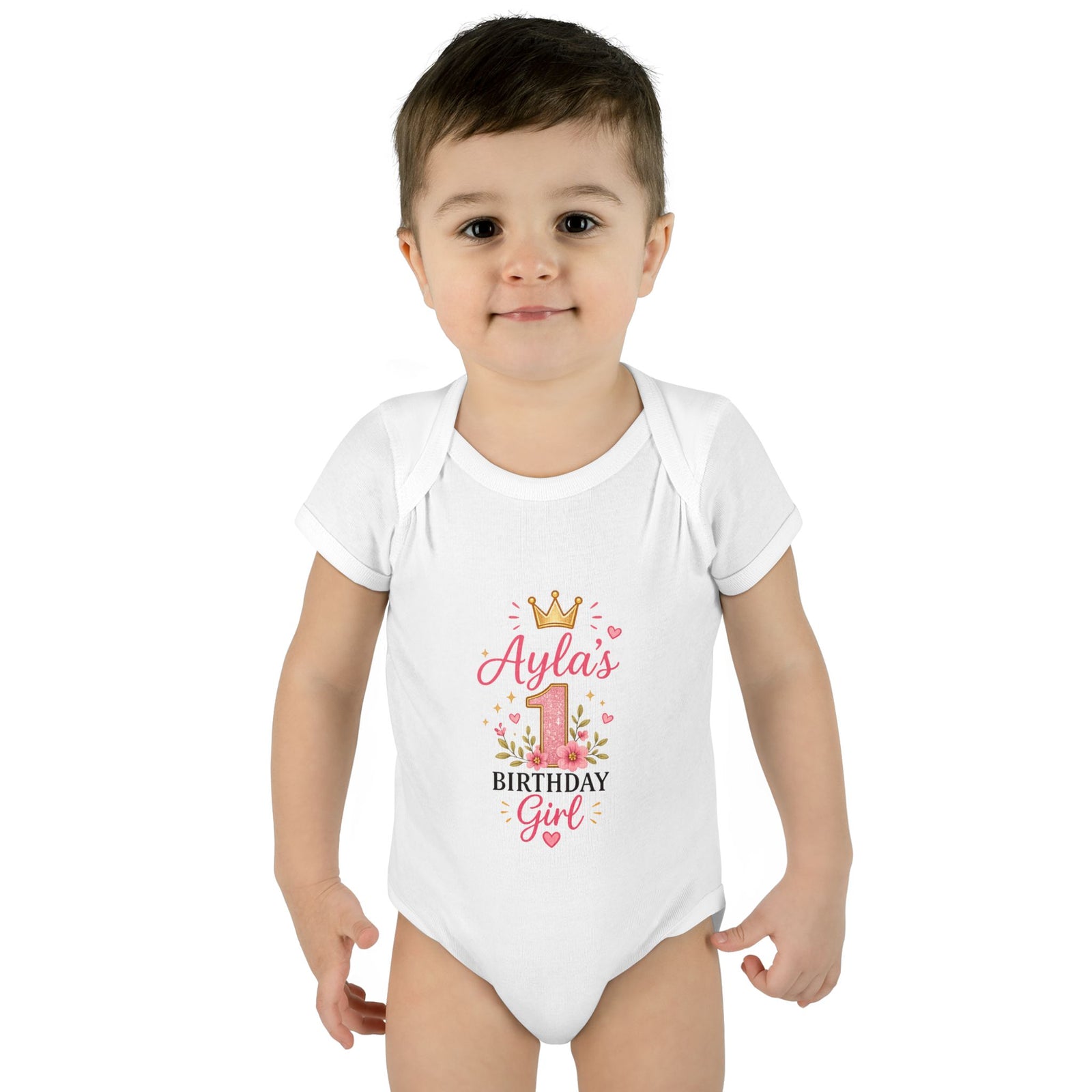 Personalized Baby Bodysuit – "Ayla's Birthday Girl" Pink Crown 1st Birthday Outfit