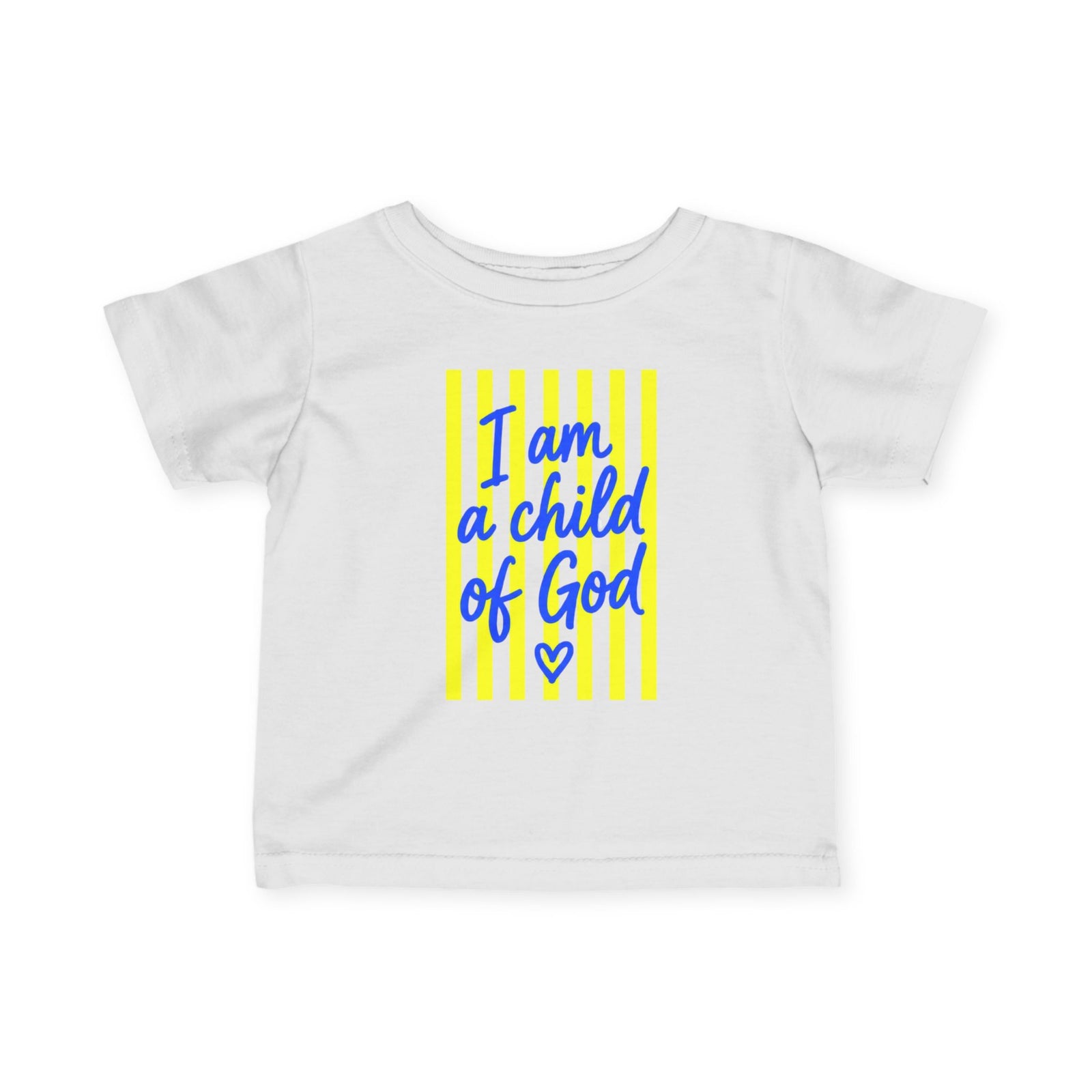 "I Am a Child of God",  Baby Shirt, Blue + Yellow Stripe