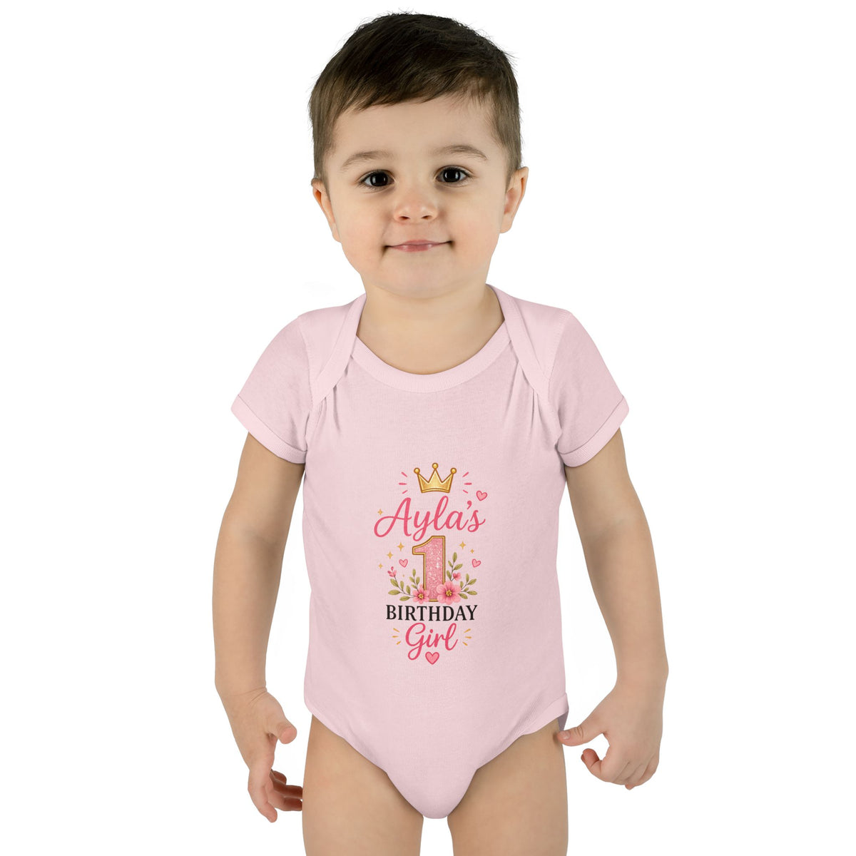 Personalized Baby Bodysuit – "Ayla's Birthday Girl" Pink Crown 1st Birthday Outfit