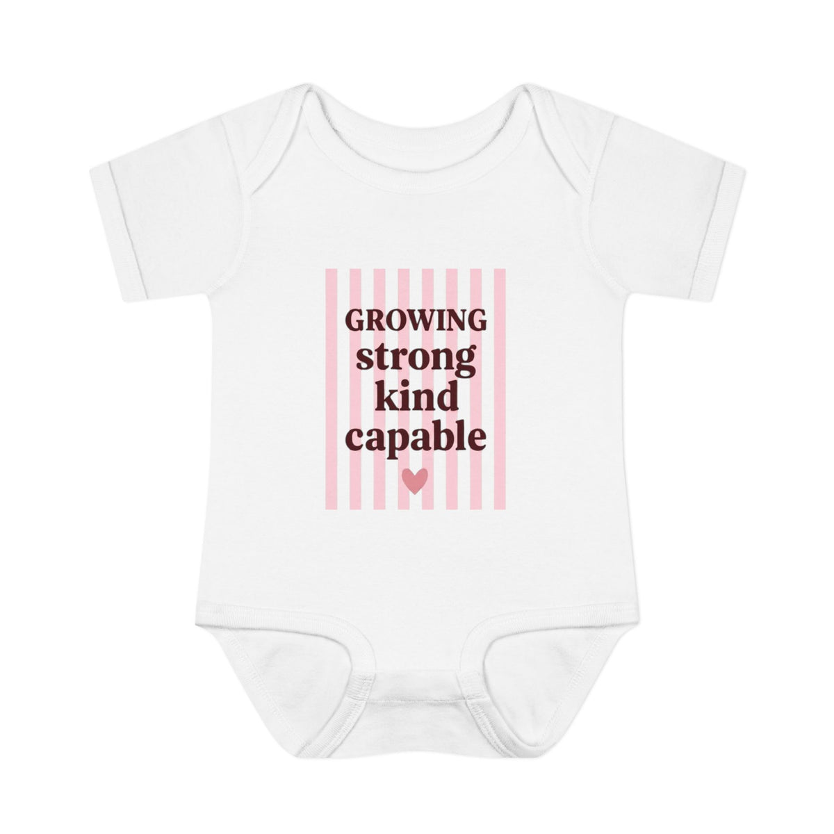 "Growing Strong Kind Capable", Pink Stripe Baby Onesie