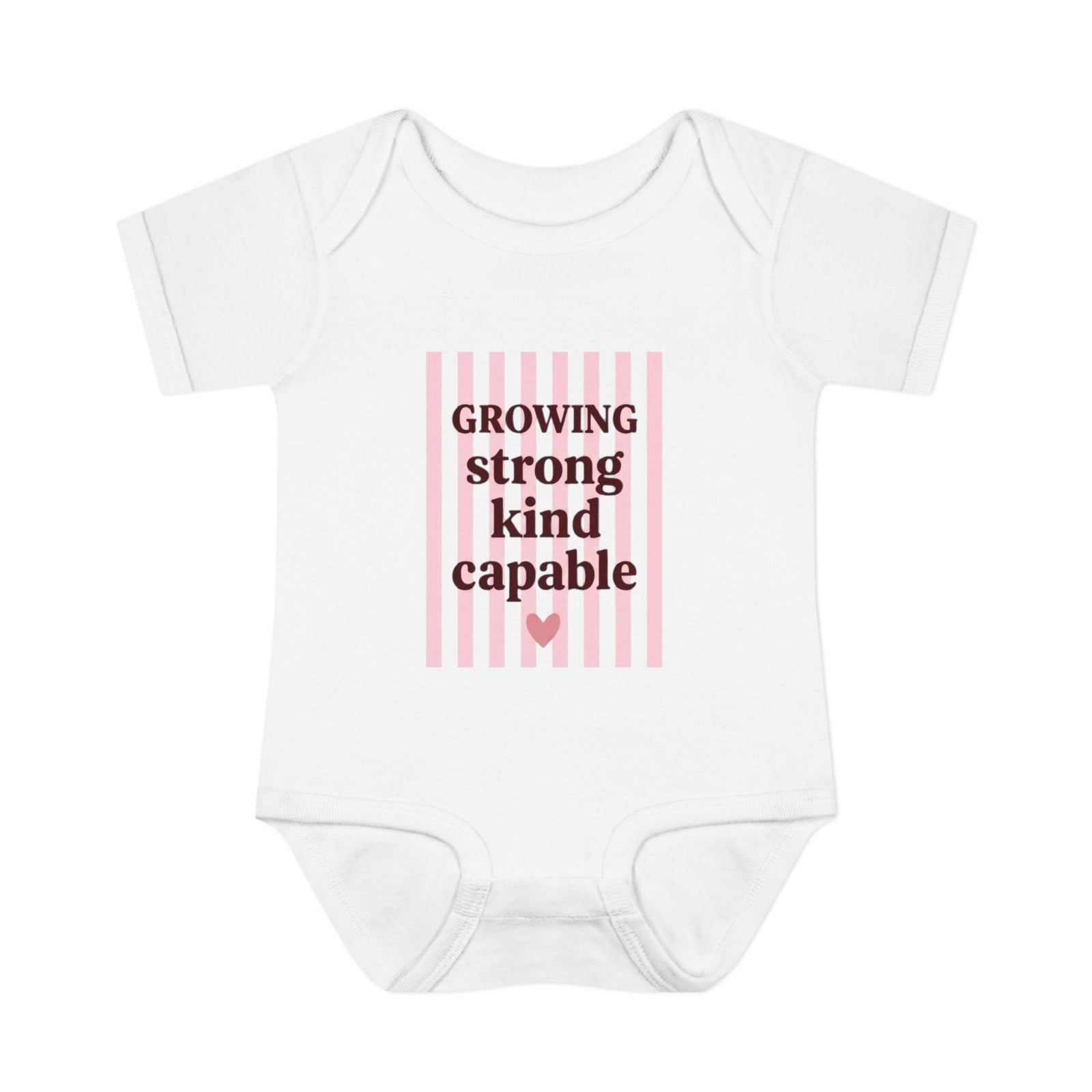 "Growing Strong Kind Capable", Pink Stripe Baby Onesie