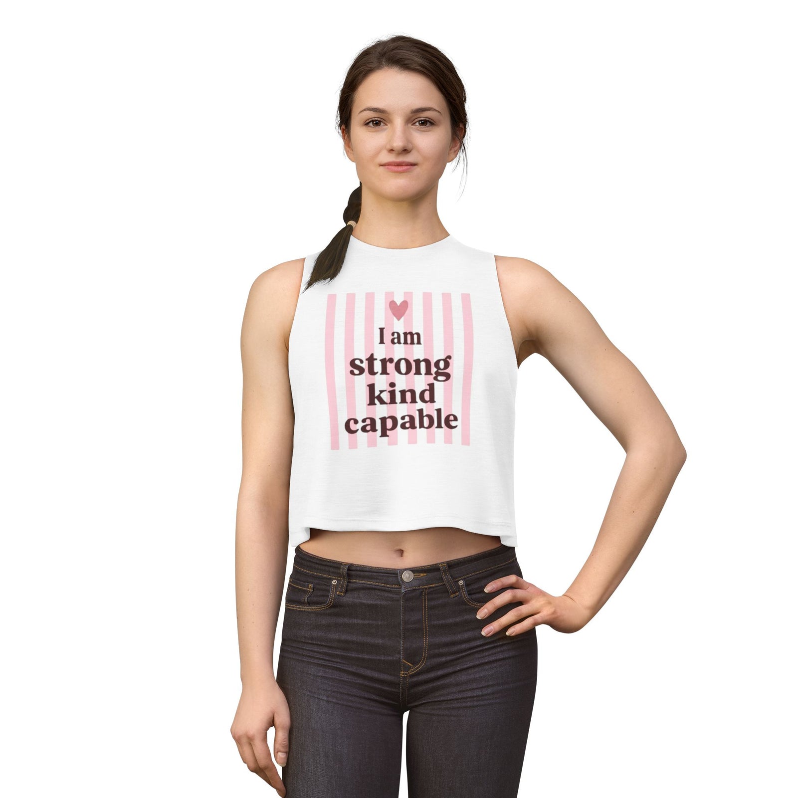 Affirmation Crop Top — "I am strong kind capable" Pink Stripe Women's Tank