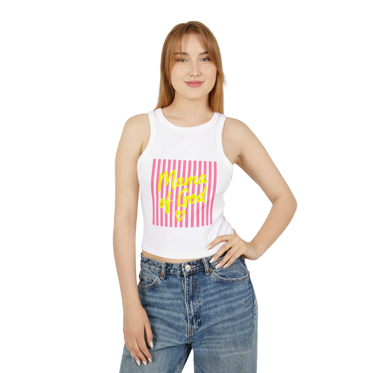 Mama of God Racer Tank Top — Pink Striped Christian Graphic Crop