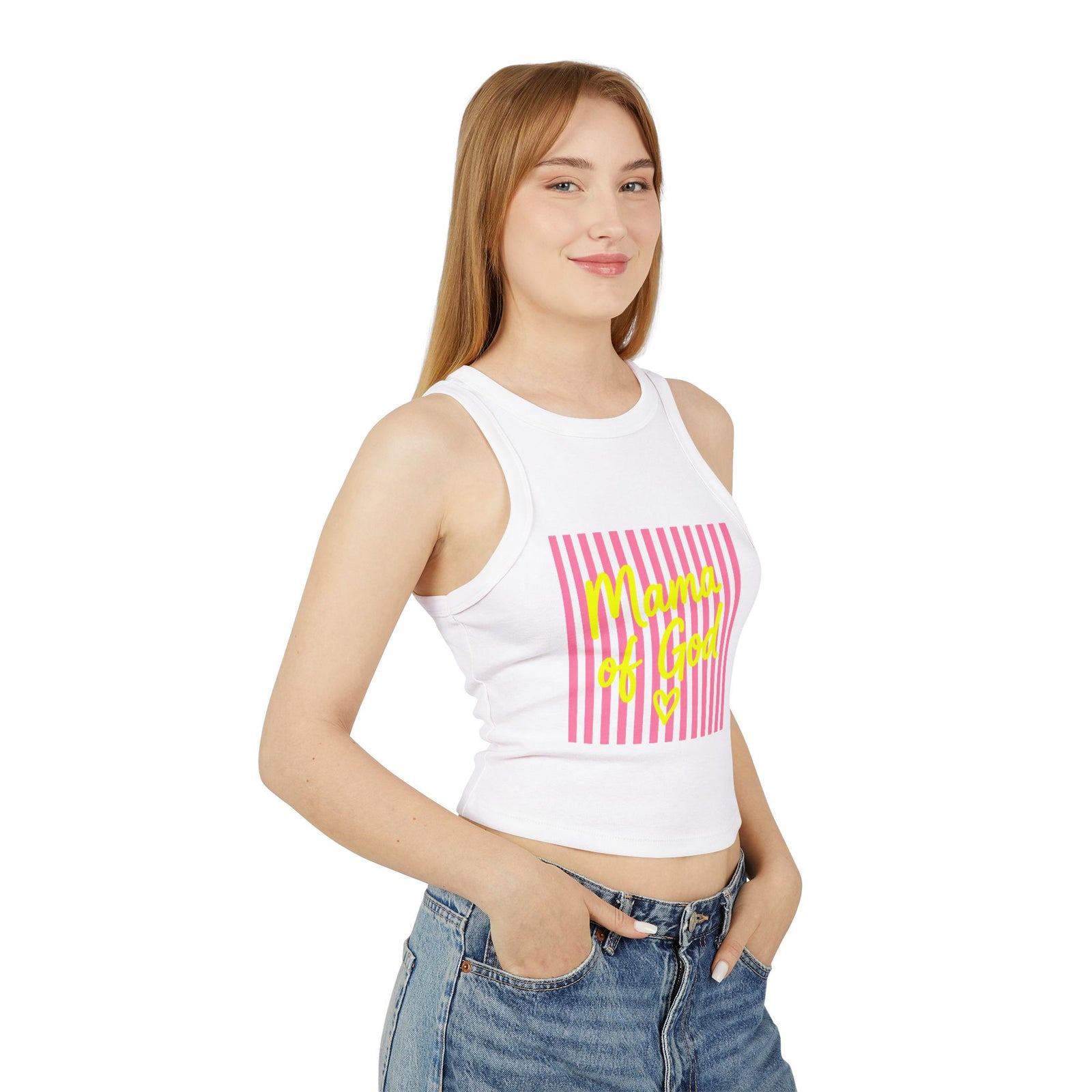 Mama of God Racer Tank Top — Pink Striped Christian Graphic Crop