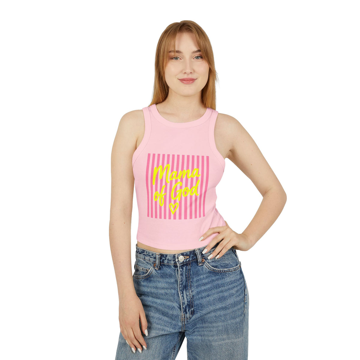 Mama of God Racer Tank Top — Pink Striped Christian Graphic Crop