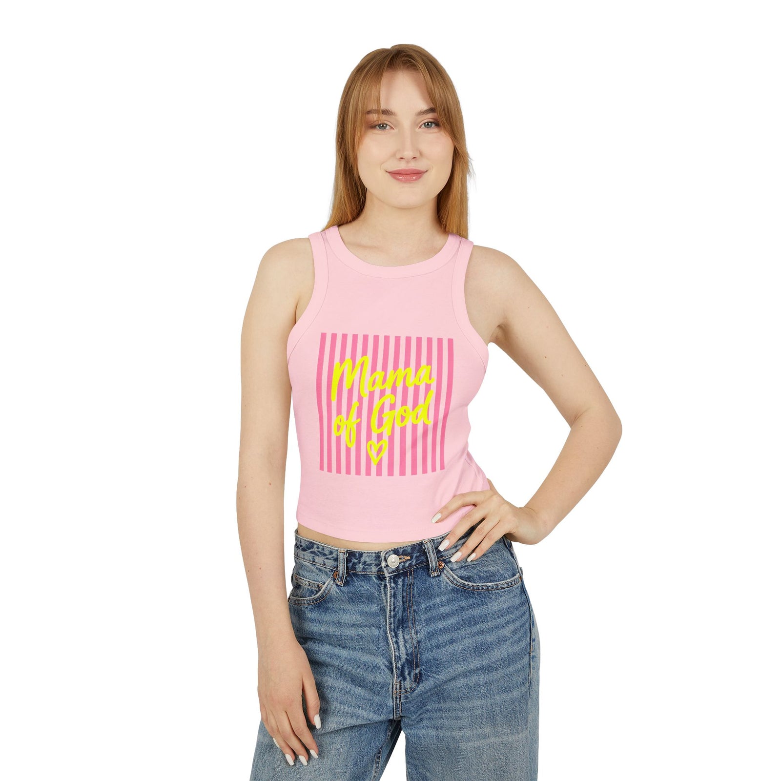 Mama of God Racer Tank Top — Pink Striped Christian Graphic Crop