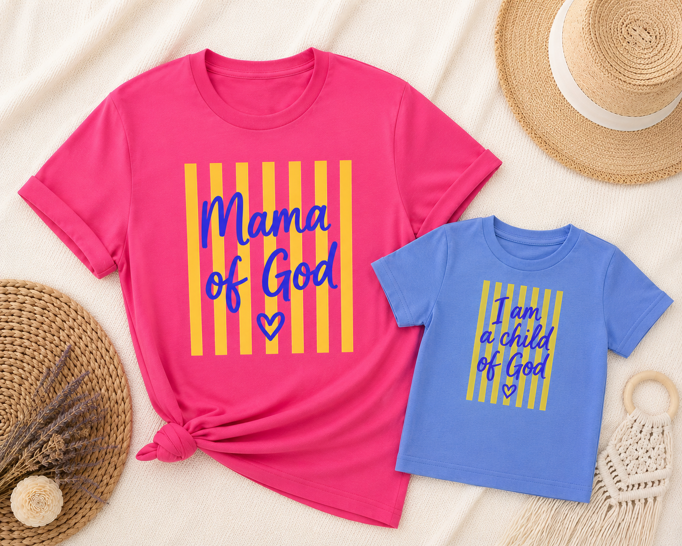 "Mama of God", Faith Matching Bundle. Blue + bright yellow