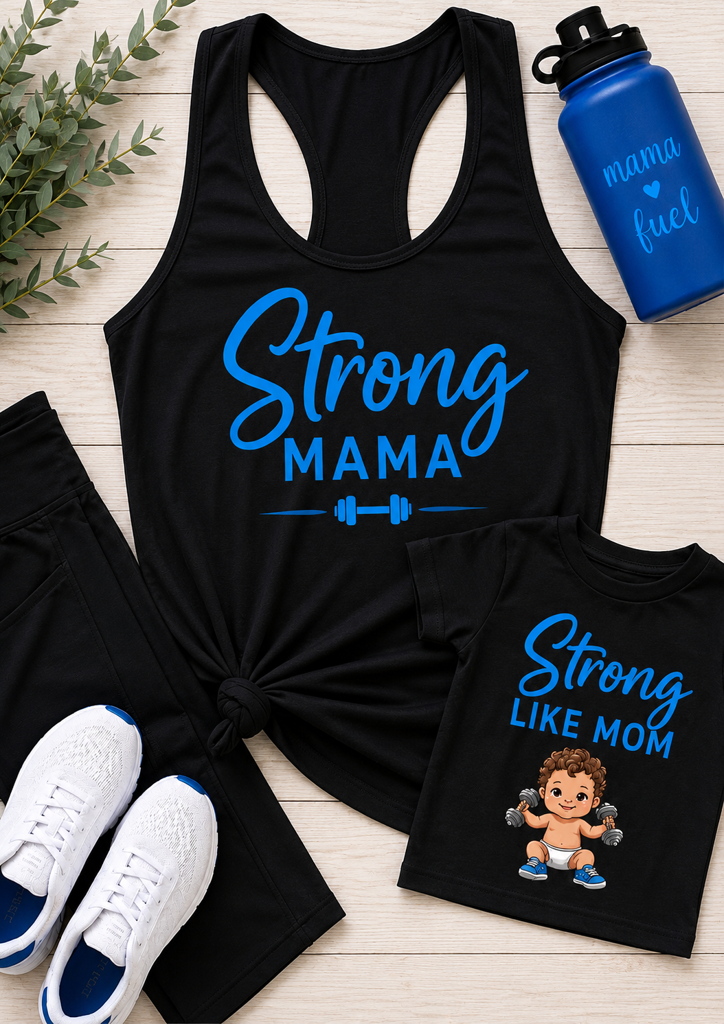 "Strong MAMA", tank top, "Strong Like Mom", Infant Tee Black, Blue letters. Bundle